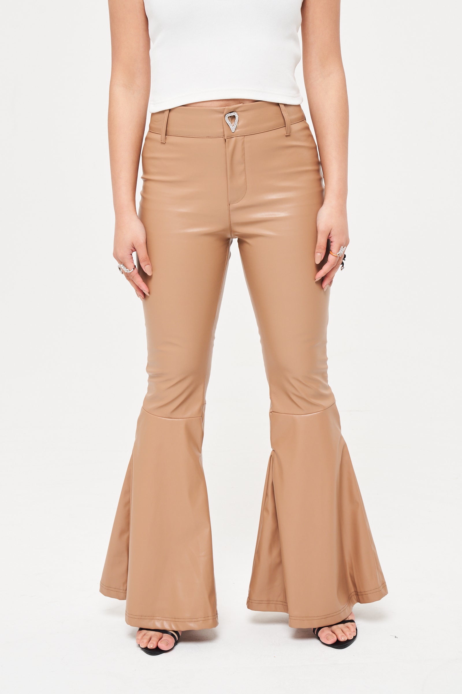 Vegan Leather Structured Flare Pant in Nude - Basliq