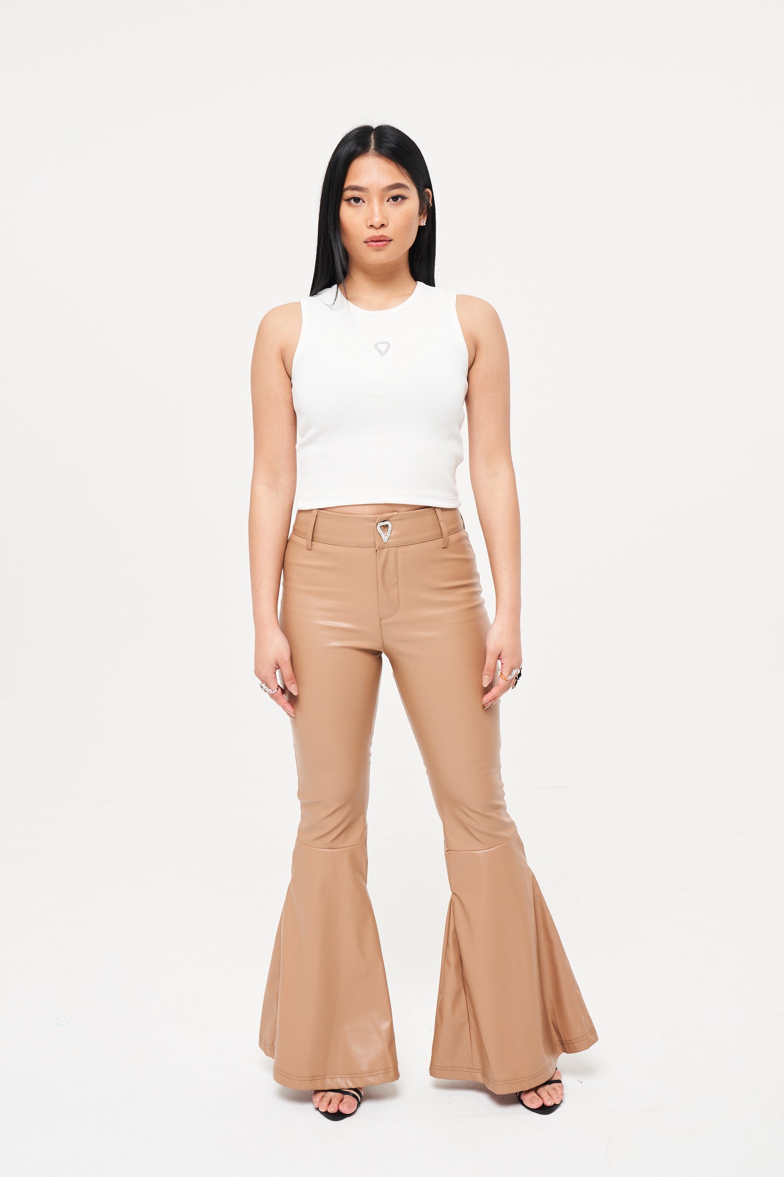 Vegan Leather Structured Flare Pant in Nude - Basliq